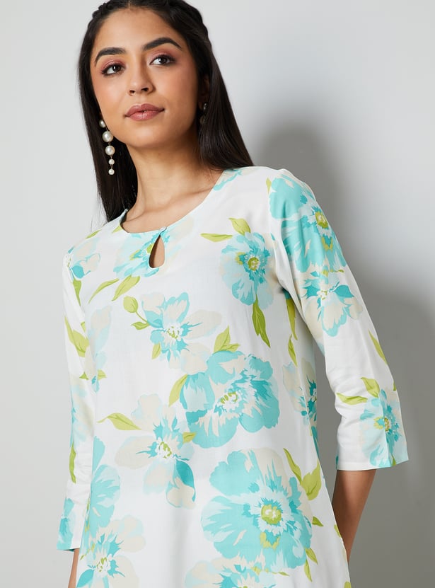 Floral Print Key-hole Neck Straight Kurti