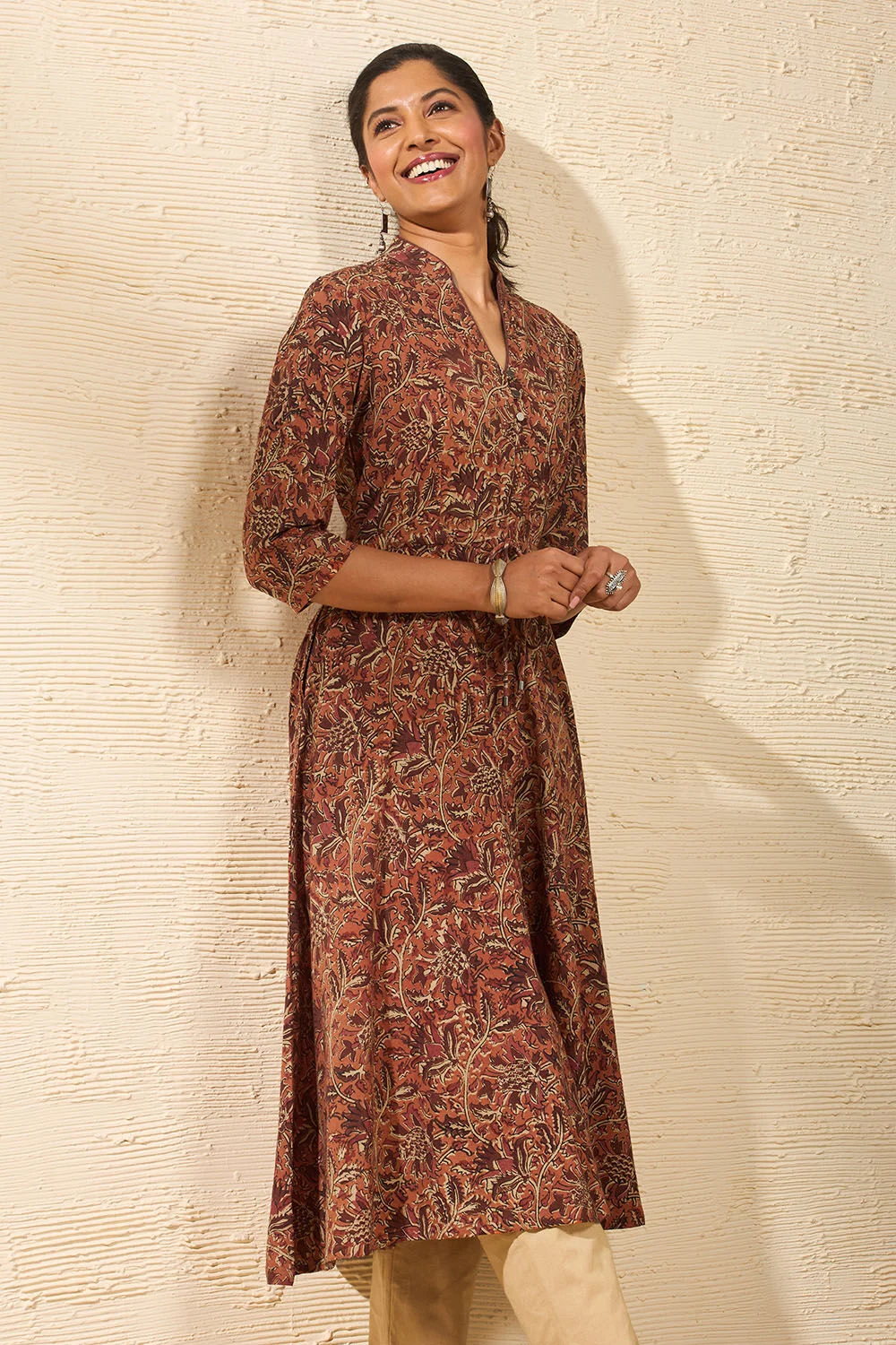 Orange Block Printed Kalamkari Pure Cotton Kurta
